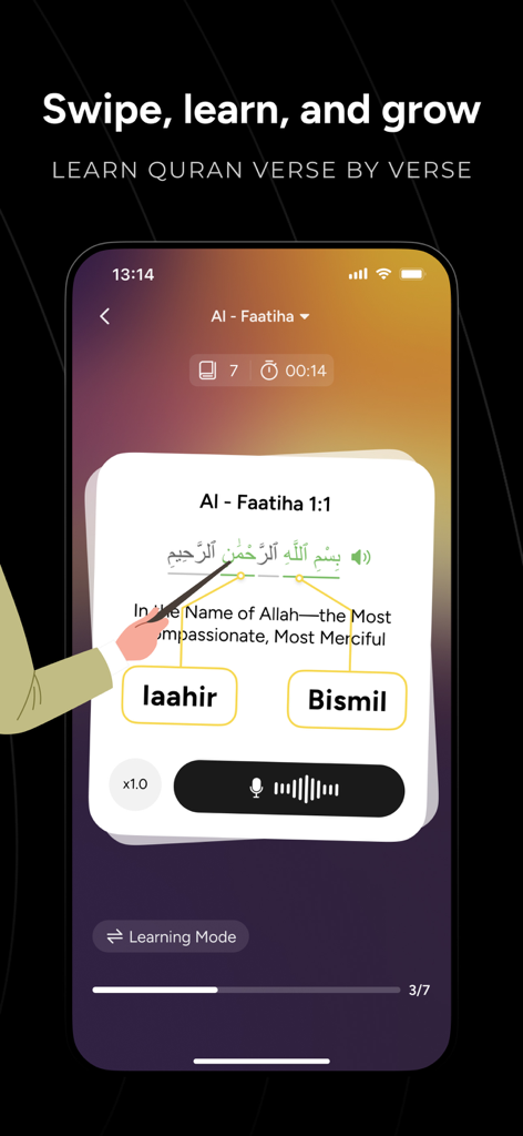 Hajo - Quran, Prayer & Hajj - Hajo app interface showing verse by verse Quran learning with phonetic guides and English translation