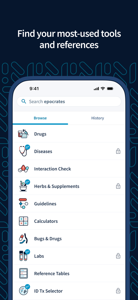 Epocrates app interface showing a list of clinical tools like drug reference and interaction checker