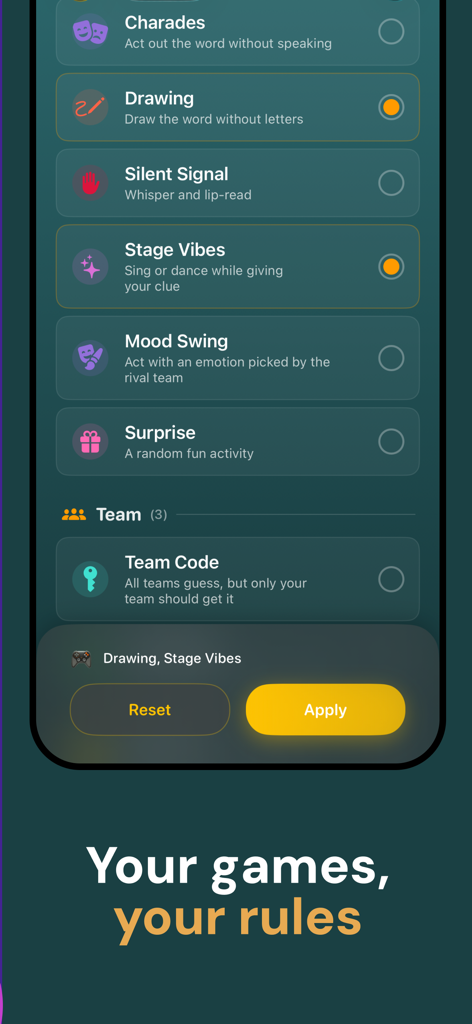 TalkFlow: Play Together - Tela do aplicativo TalkFlow para personalizar modos e regras de jogos de festa