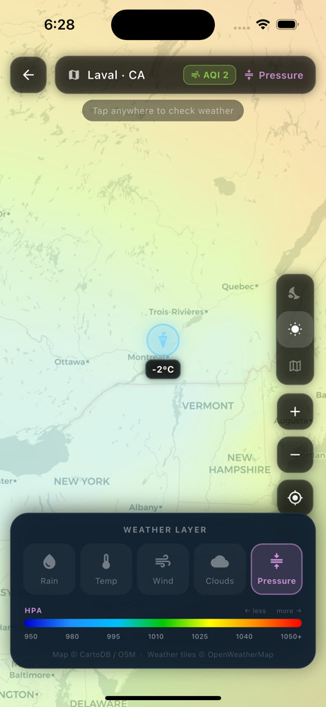 AllWeather Minimal - Interactive weather map in AllWeather Minimal app displaying the atmospheric pressure layer for North America