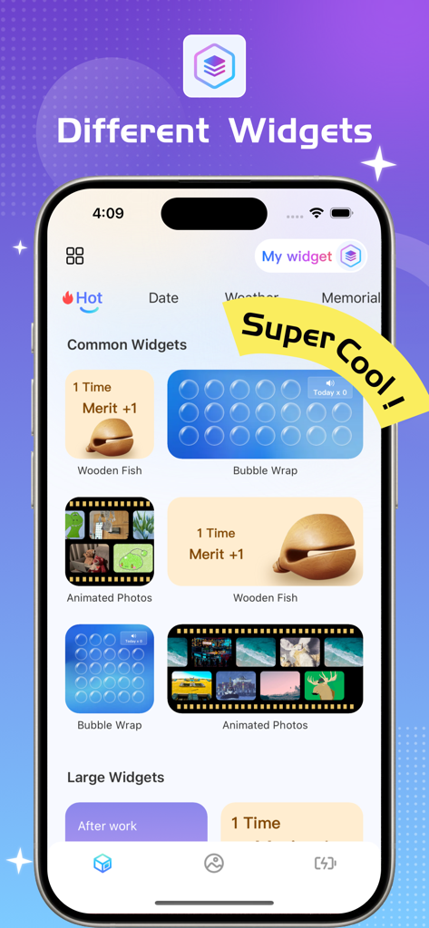 Cloud Widgets Wallpapers Shop - Cloud Widgets app interface displaying various widget options including wooden fish and bubble wrap