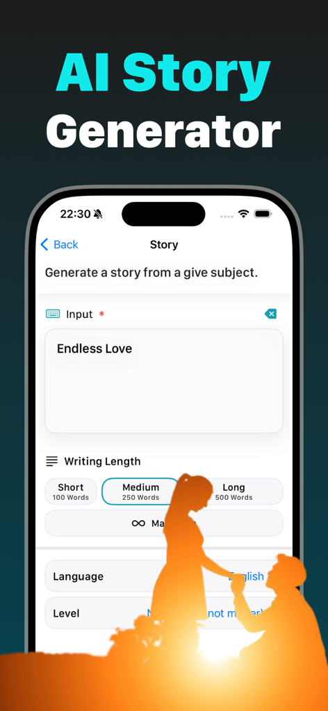 Writify: AI Writing Assistant - Interface of the Writify app showing the AI Story Generator feature with options for writing length and language