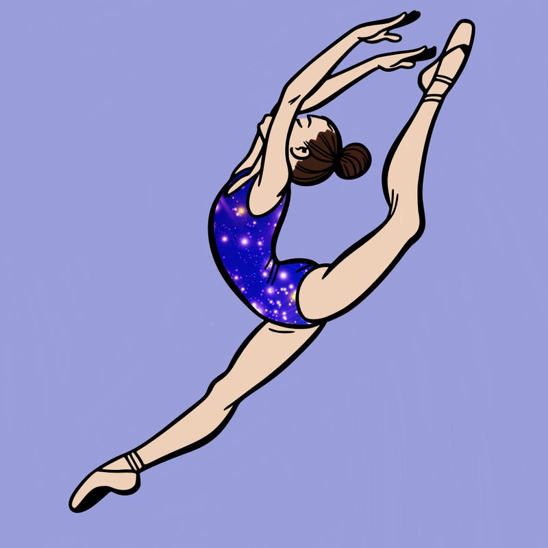 gymnast doing a leap in a leotard with a bent back leg