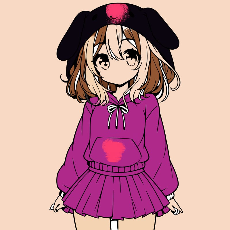 pretty anime girl wearing a fluffy hoodie with bunny ears on the hood and a skirt