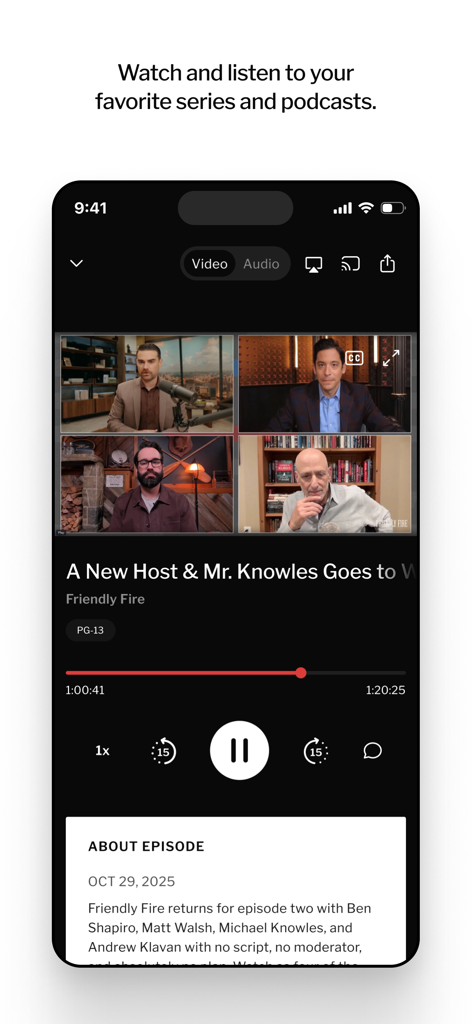 DailyWire+ - DailyWire plus app video player showing a podcast with four hosts