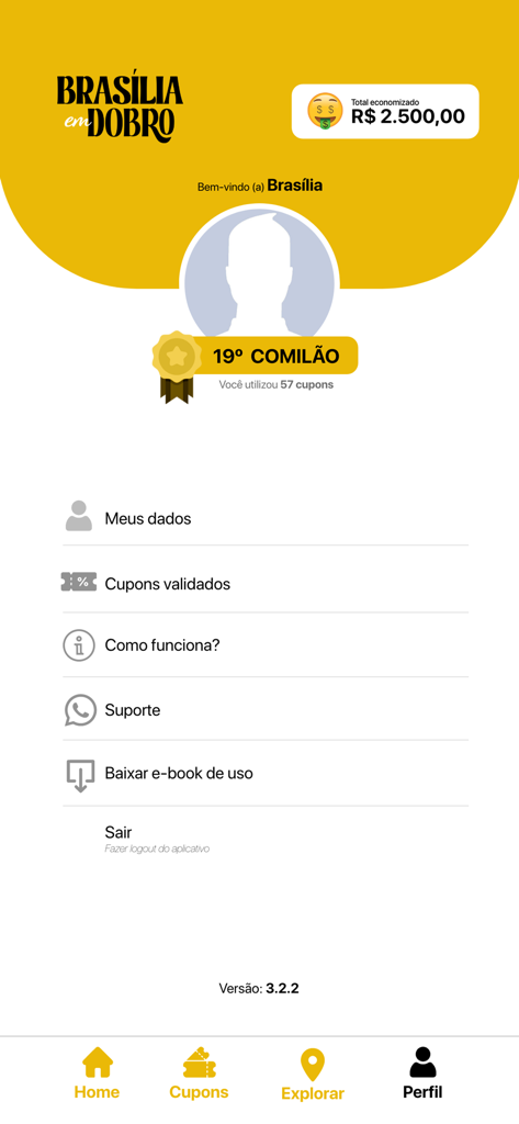 Brasília em Dobro - Tela de perfil do usuário do aplicativo Brasília em Dobro mostrando o total de economias e navegação no menu