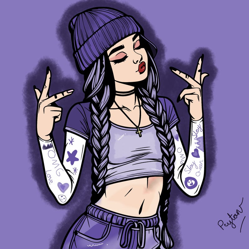realistic teenage girl with braids and a beanie and crop top doing 🫶🏼