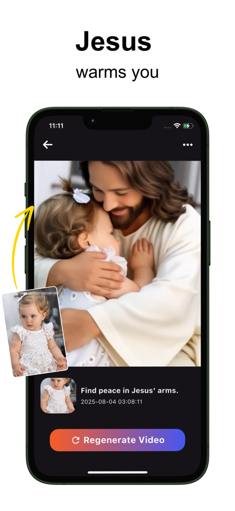 Aureel - Ai Video Generator - Interfaz de la aplicación Aureel que muestra un vídeo generado por IA de Jesús abrazando a un niño