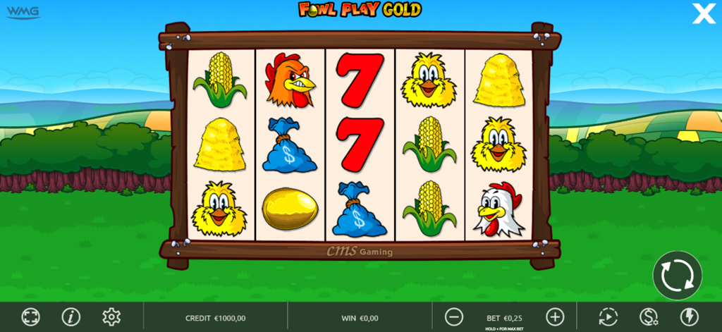 Gioco di slot machine Fowl Play Gold per dispositivi mobili con icone a tema fattoria come polli, mais e uova d'oro su un display a 5 rulli