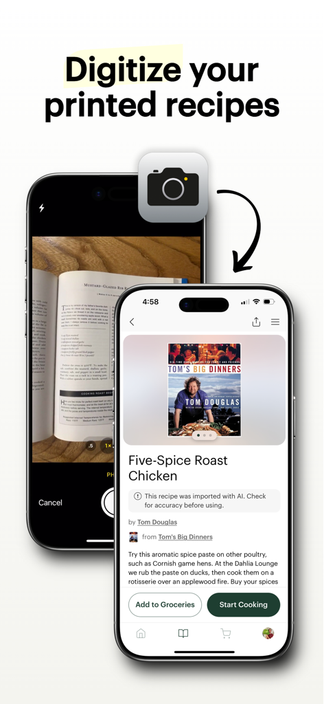 Deglaze: Cooking, Simplified - Smartphone using the Deglaze app to scan and convert a physical cookbook page into a digital recipe using AI.