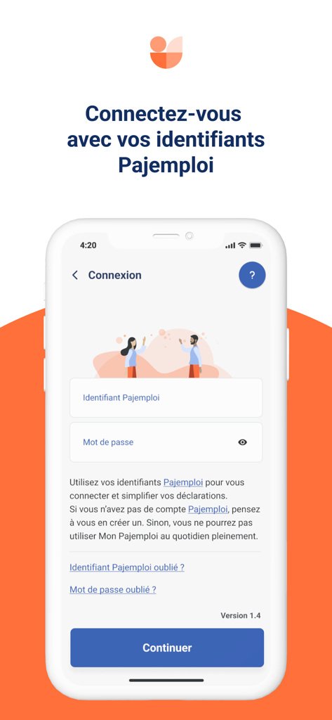 Login interface for the Mon Pajemploi au quotidien app showing username and password fields.