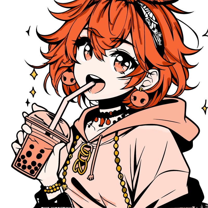 hot baddie anime girl drinking boba and biting the straw