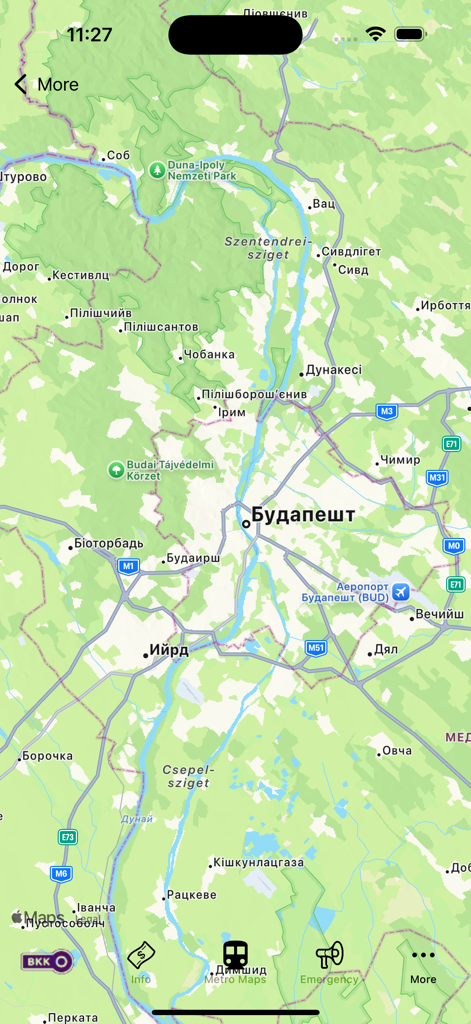 Interfaz de mapa de la aplicación Budapest Subway que muestra la geografía de la ciudad y el menú de navegación.
