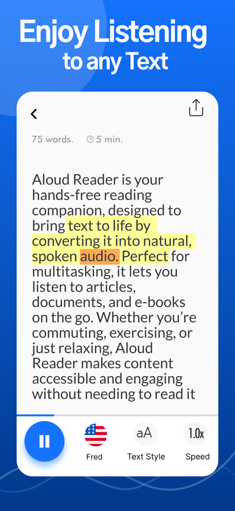 Read Aloud TTS: Text to Speech - Interface of Read Aloud TTS app showing text highlighting and audio playback controls for productivity