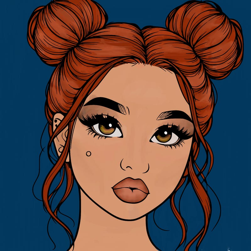 realistic girl with two buns on her hair and lips