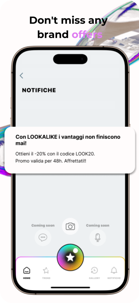 LOOKALIKE app notification screen showing a 20 percent discount promo code
