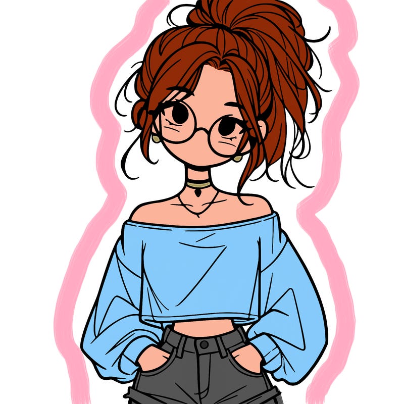 girl with a messy ponytail glasses a baggy crop top and jean shorts