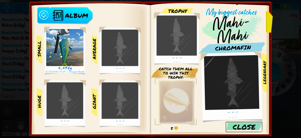 Fishing Friends 3D - Big Catch - Interfaz del álbum de capturas del juego para Fishing Friends 3D que muestra una colección de tamaños de Mahi-Mahi y trofeos legendarios