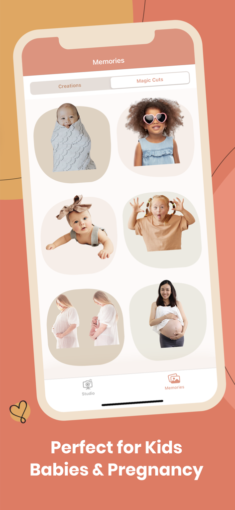 Galería de recortes de fotos de bebés y embarazadas utilizando la eliminación de fondo con IA Magic Cut de Ovil