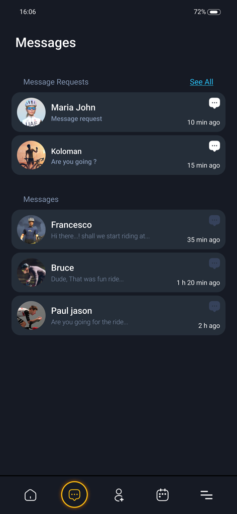 L'écran des messages de l'application MyWhoosh Link montrant une liste des conversations récentes et des demandes de messages d'autres cyclistes.