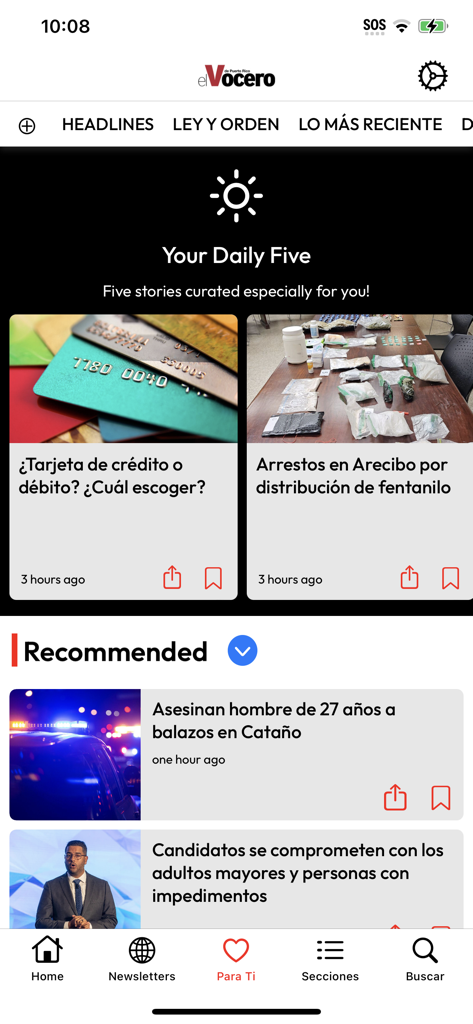 El feed de noticias personalizado de la aplicación El Vocero de Puerto Rico que muestra historias seleccionadas diariamente y noticias locales.