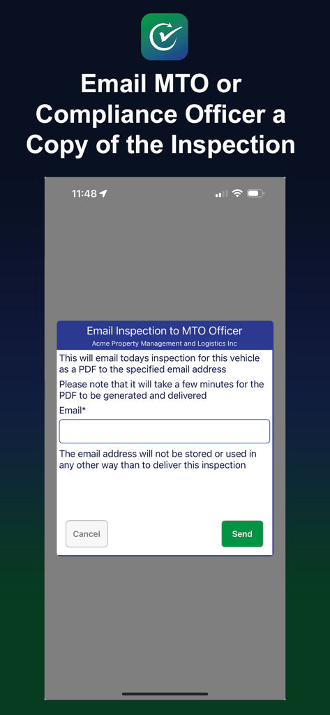 ReadyChek - Mobile app interface for emailing a vehicle inspection report to a compliance officer