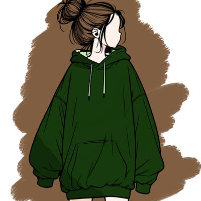 realistic girl with a oversized sweatshirt on and a bun