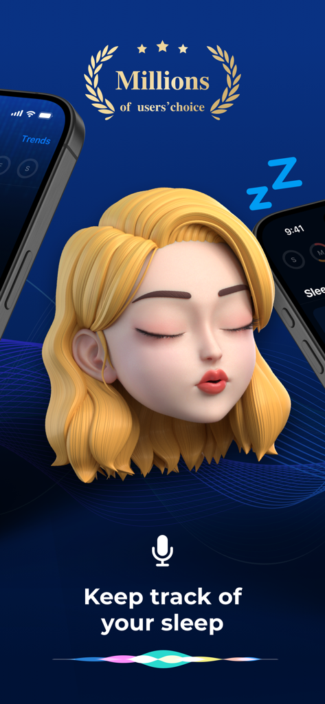 ShutEye®: Sleep Tracker, Sound - 睡眠中の3Dキャラクターと睡眠追跡メッセージが表示されたShutEyeアプリ画面