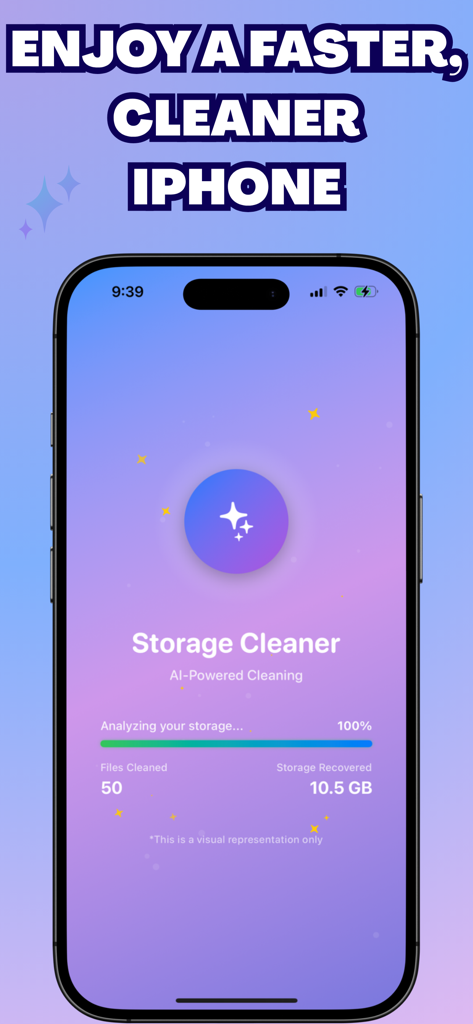 Swift Clear: Cache Cleaner - Interfaz de la aplicación Swift Clear que muestra diez punto cinco gigabytes de almacenamiento recuperados en una pantalla de iPhone