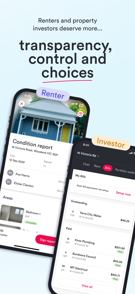 Ailo - Ailo app interface displaying a property condition report for renters and a bills management dashboard for investors.