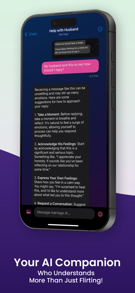 Affinity AI - Affinity AI mobile app screenshot showing a chat interface for marriage advice and relationship coaching