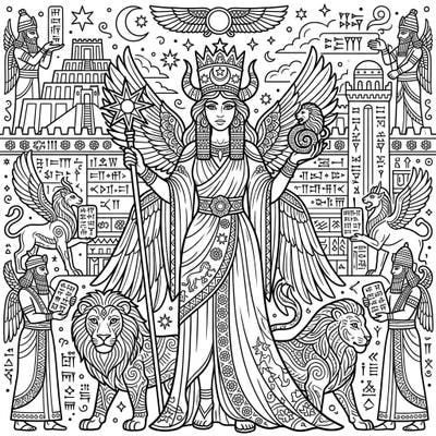 Unleash your creativity with this detailed coloring page celebrating the powerful deities of ancient Mesopotamia. Designed for teens, it features intricate linework and rich historical elements for an engaging artistic challenge.