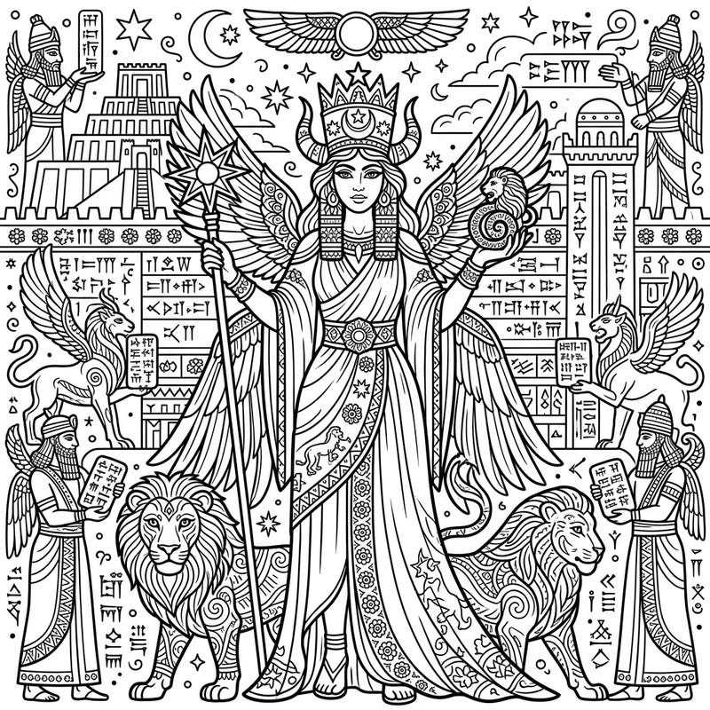 Unleash your creativity with this detailed coloring page celebrating the powerful deities of ancient Mesopotamia. Designed for teens, it features intricate linework and rich historical elements for an engaging artistic challenge.