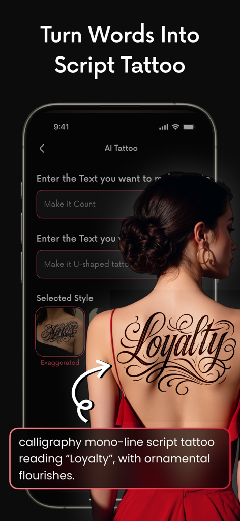 InkUp AI app generating a calligraphy script tattoo design reading Loyalty on a woman's back