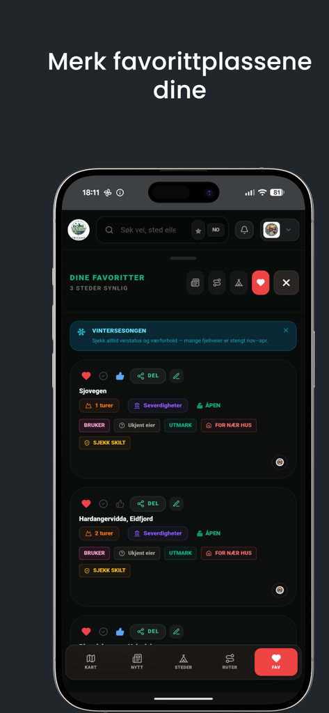 Fricamp - Fricamp mobile app interface showing a user saved favorite camping locations in Norway with legal status and terrain details