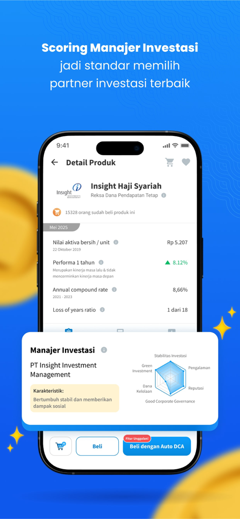 FUNDtastic - Una captura de pantalla de la aplicación FUNDtastic que muestra detalles del producto de inversión y un gráfico de radar para la calificación del gestor de inversiones.