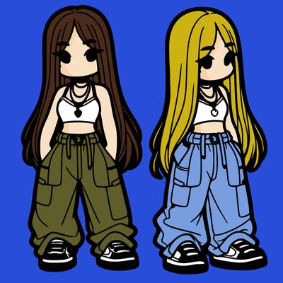 girl in baggy pants crop top and long hair