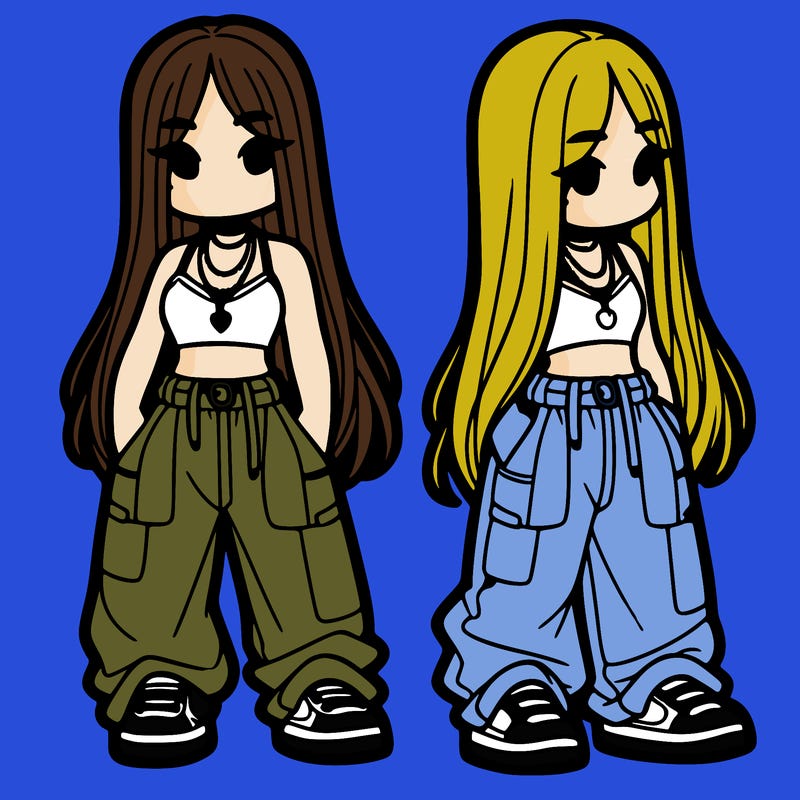 girl in baggy pants crop top and long hair