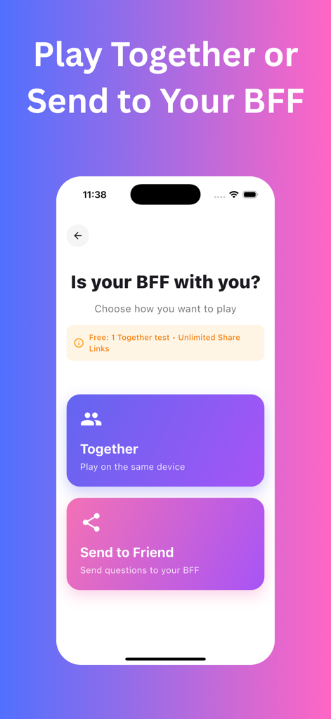 BFF Test App-Bildschirm mit Optionen, um gemeinsam auf einem Gerät zu spielen oder Quizfragen an einen Freund zu senden.