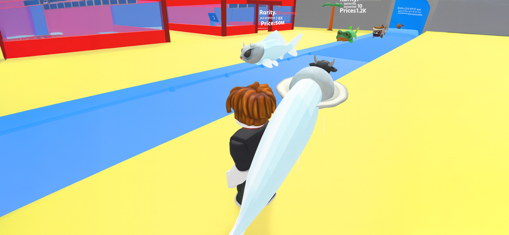 Steal a Golden Fish - A 3D character carrying a large white fish on a blue path in a colorful game environment