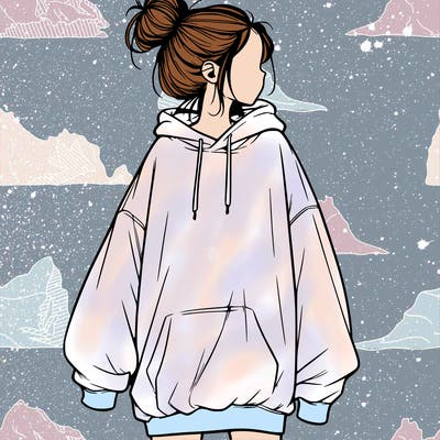 realistic girl with a oversized sweatshirt on and a bun