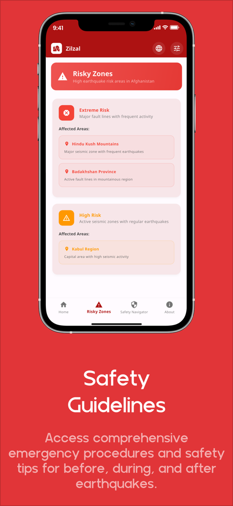Zilzal - Interface de l'application de surveillance des séismes Zilzal montrant les zones à risque et les consignes de sécurité d'urgence
