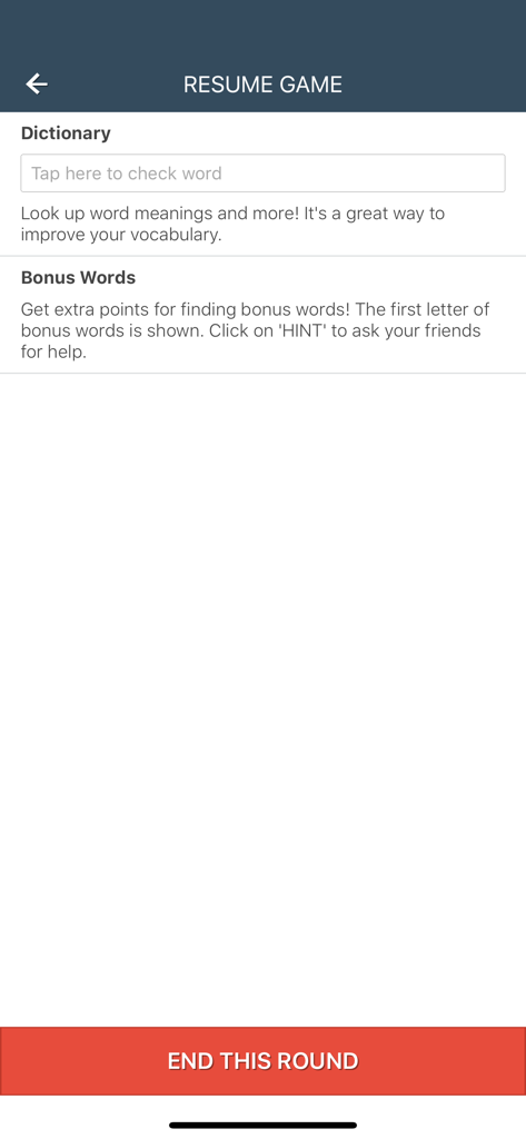 Le menu de l'application Puzzles de mots cachés RJS proposant une barre de recherche de dictionnaire et des instructions pour les mots bonus.