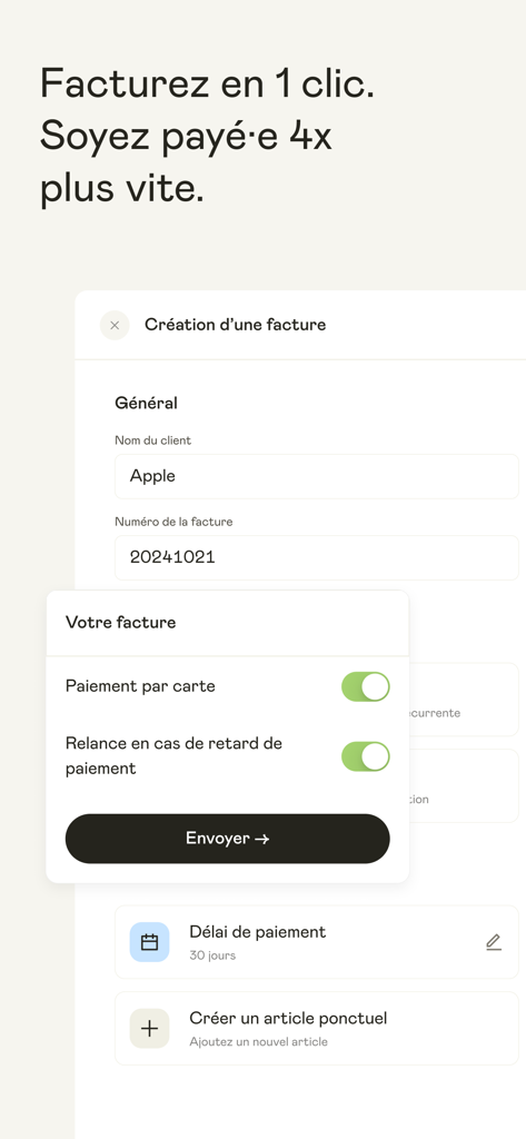 Shine - Compte pro en ligne - Écran de l'application montrant la création d'une facture professionnelle avec rappel automatisé et options de paiement par carte.