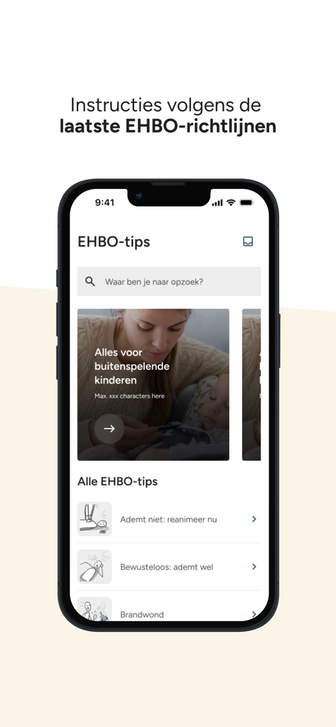 EHBO-app - Rode Kruis - Mobile screen of the Red Cross First Aid app showing emergency tips and guidelines