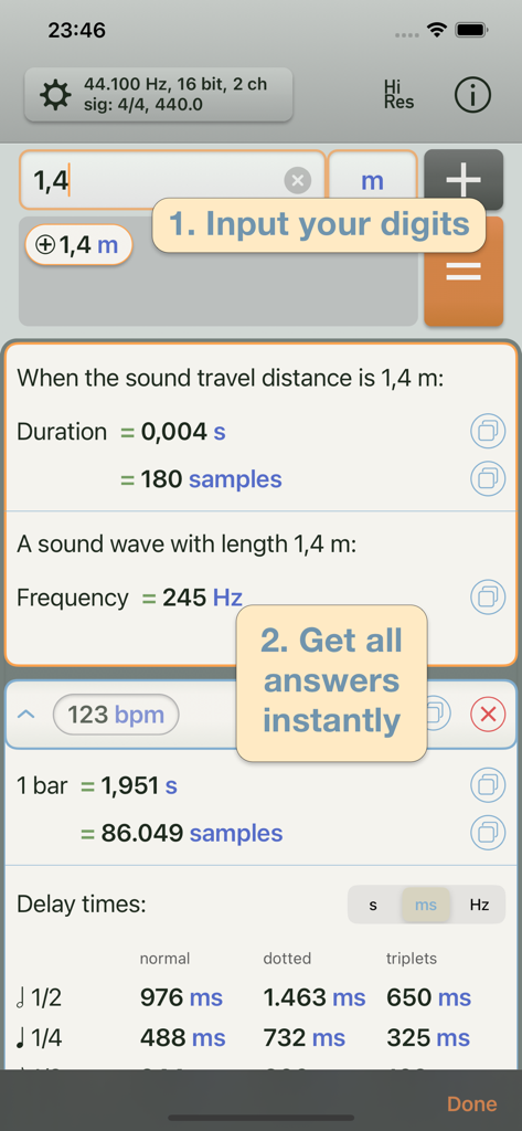 Studio Calculator - Interface of the Studio Calculator app showing calculations for sound travel distance frequency and BPM delay times