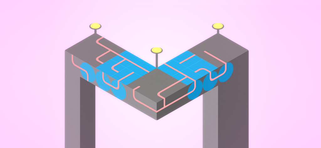 Minimalist 3D spatial puzzle with connected pink lines on gray geometric blocks