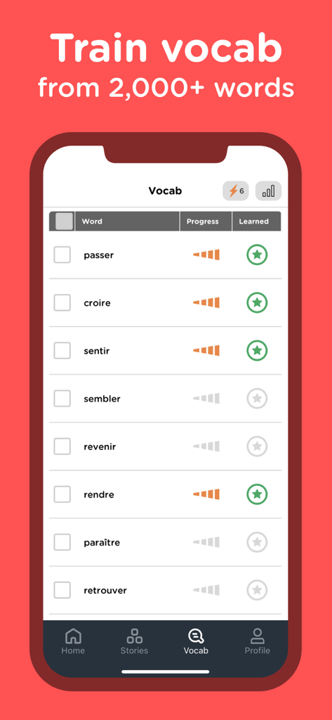 Seedlang app interface showing a French vocabulary list with progress tracking for verbs.