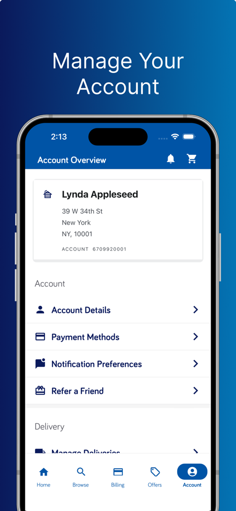 ReadyRefresh mobile app account overview and settings screen