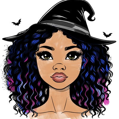 realistic black girl with wavy hair and witch hat and nose and lips